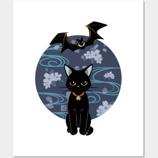 Flyingfox And Black Cat With Cherry Blossom Posters and Art